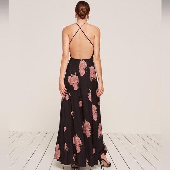 Reformation Black Pink Floral Sleeveless Criss Cross Open Back Slit Myrtle Dress - Picture 4 of 11